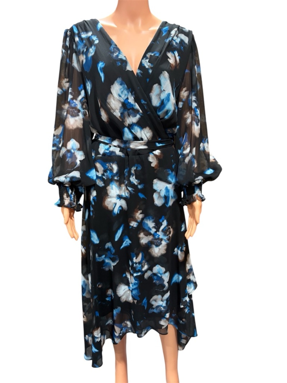 Polyester wrap dress, DKNY floral print long sleeve V- neck midi dress